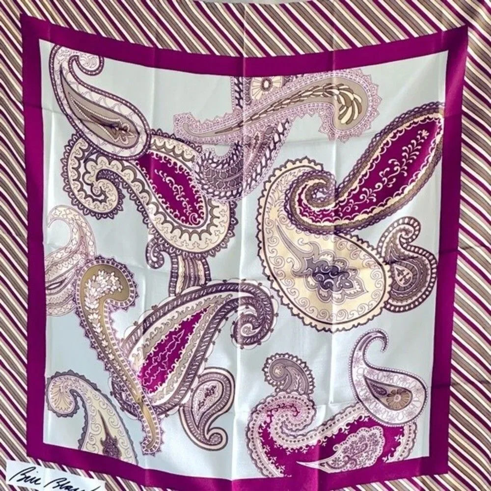 Vintage Bill Blass Paisley Print 100% Pure Silk Maroon Olive Green Gray Cream